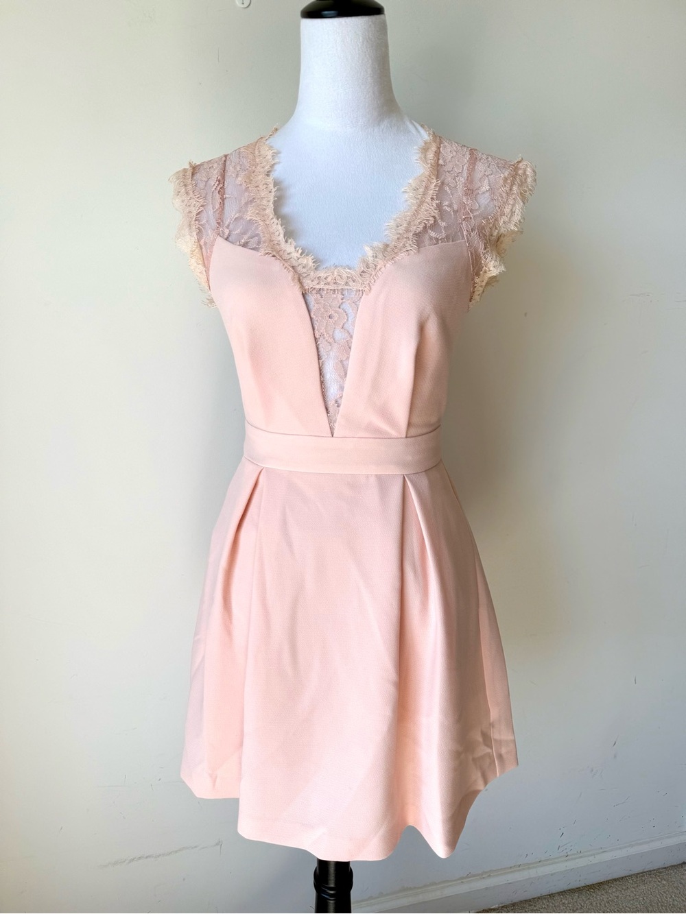BCBGeneration Lace-Inset Pleated Mini Dress in Blush—SZ. 0